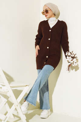 Fitilli Önü Düğmeli Triko Hırka Kahve - Triko Hırka