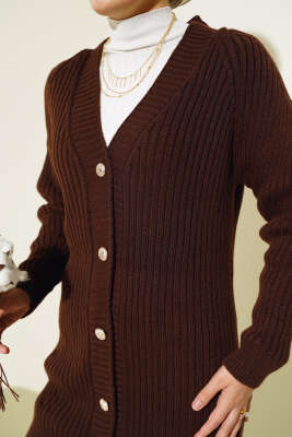 Fitilli Önü Düğmeli Triko Hırka Kahve - Triko Hırka