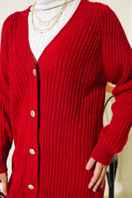 Fitilli Önü Düğmeli Triko Hırka Kırmızı - Triko Hırka