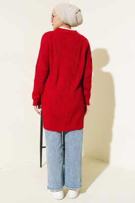 Fitilli Önü Düğmeli Triko Hırka Kırmızı - Triko Hırka