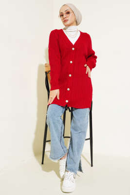 Fitilli Önü Düğmeli Triko Hırka Kırmızı - Triko Hırka