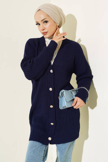 Fitilli Önü Düğmeli Triko Hırka Lacivert - Hırka