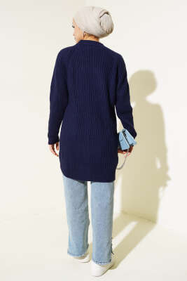 Fitilli Önü Düğmeli Triko Hırka Lacivert - Triko Hırka