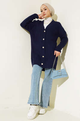 Fitilli Önü Düğmeli Triko Hırka Lacivert - Triko Hırka