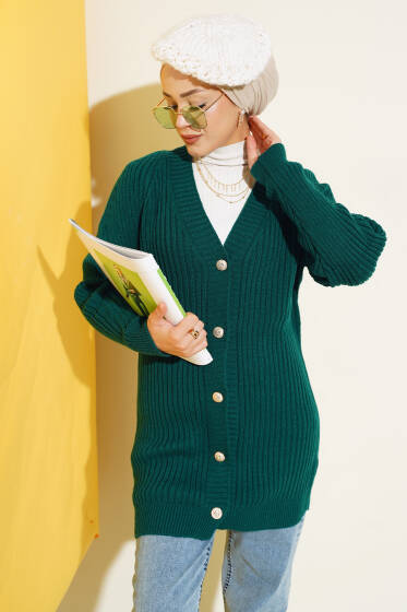 Fitilli Önü Düğmeli Triko Hırka Nefti - Hırka