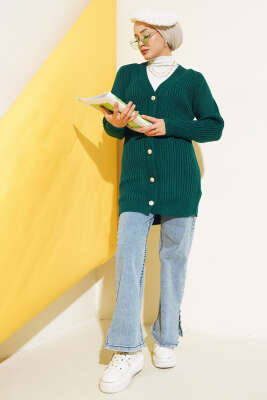 Fitilli Önü Düğmeli Triko Hırka Nefti - Triko Hırka