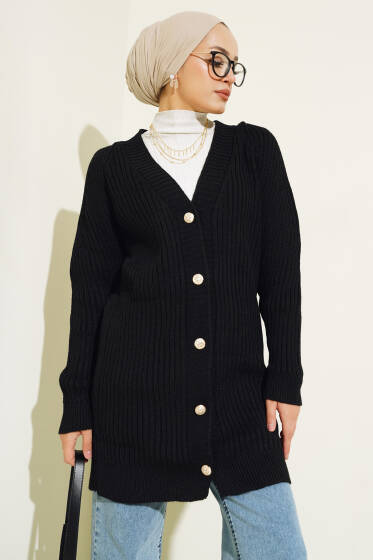 Fitilli Önü Düğmeli Triko Hırka Siyah - Hırka