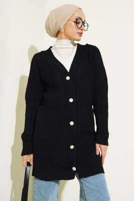 Fitilli Önü Düğmeli Triko Hırka Siyah - Triko Hırka