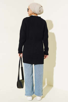 Fitilli Önü Düğmeli Triko Hırka Siyah - Triko Hırka