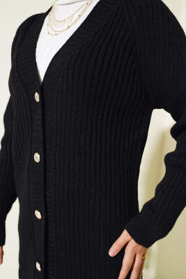 Fitilli Önü Düğmeli Triko Hırka Siyah - Triko Hırka