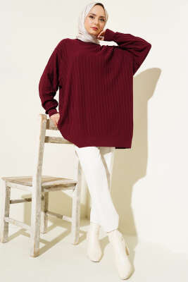 Fitilli Oversize Triko Tunik Bordo - Tunik