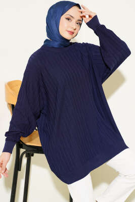 Fitilli Oversize Triko Tunik Lacivert - Tunik