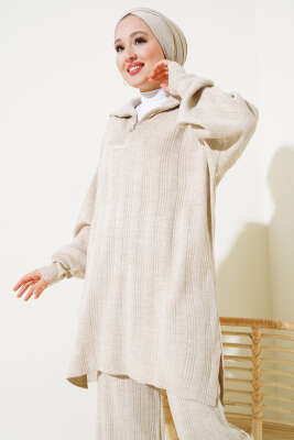 Fitilli Oversize Yarım Fermuarlı Triko İkili Takım Bej - Triko İkili Takım