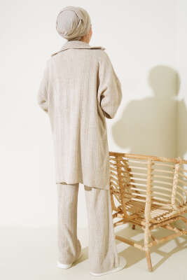 Fitilli Oversize Yarım Fermuarlı Triko İkili Takım Bej - Triko İkili Takım