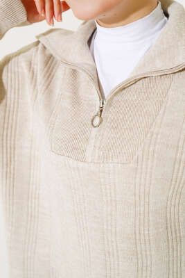 Fitilli Oversize Yarım Fermuarlı Triko İkili Takım Bej - Triko İkili Takım