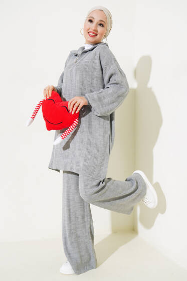 Fitilli Oversize Yarım Fermuarlı Triko İkili Takım Gri - İkili Takım