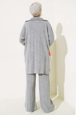 Fitilli Oversize Yarım Fermuarlı Triko İkili Takım Gri - Triko İkili Takım