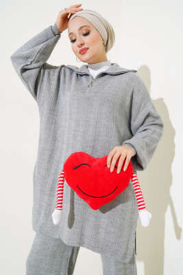 Fitilli Oversize Yarım Fermuarlı Triko İkili Takım Gri - Triko İkili Takım