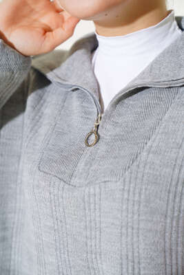 Fitilli Oversize Yarım Fermuarlı Triko İkili Takım Gri - Triko İkili Takım