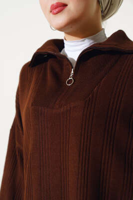 Fitilli Oversize Yarım Fermuarlı Triko İkili Takım Kahve - Triko İkili Takım