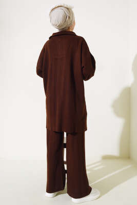 Fitilli Oversize Yarım Fermuarlı Triko İkili Takım Kahve - Triko İkili Takım