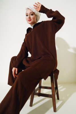 Fitilli Oversize Yarım Fermuarlı Triko İkili Takım Kahve - Triko İkili Takım