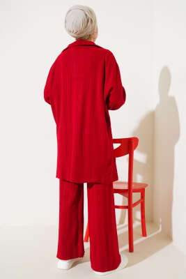 Fitilli Oversize Yarım Fermuarlı Triko İkili Takım Kırmızı - Triko İkili Takım