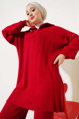 Fitilli Oversize Yarım Fermuarlı Triko İkili Takım Kırmızı - Triko İkili Takım