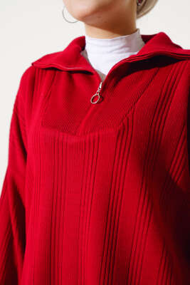 Fitilli Oversize Yarım Fermuarlı Triko İkili Takım Kırmızı - Triko İkili Takım