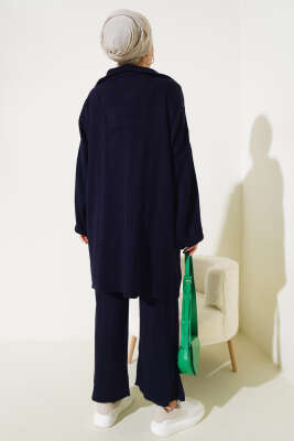 Fitilli Oversize Yarım Fermuarlı Triko İkili Takım Lacivert - Triko İkili Takım