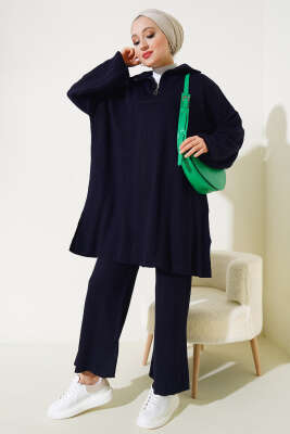 Fitilli Oversize Yarım Fermuarlı Triko İkili Takım Lacivert - Triko İkili Takım