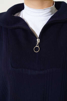 Fitilli Oversize Yarım Fermuarlı Triko İkili Takım Lacivert - Triko İkili Takım