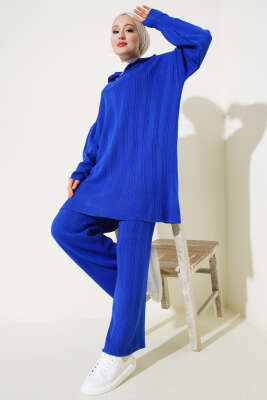 Fitilli Oversize Yarım Fermuarlı Triko İkili Takım Saks - Triko İkili Takım