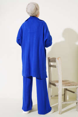 Fitilli Oversize Yarım Fermuarlı Triko İkili Takım Saks - Triko İkili Takım