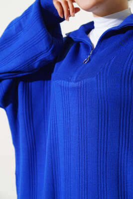 Fitilli Oversize Yarım Fermuarlı Triko İkili Takım Saks - Triko İkili Takım