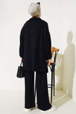 Fitilli Oversize Yarım Fermuarlı Triko İkili Takım Siyah - Triko İkili Takım