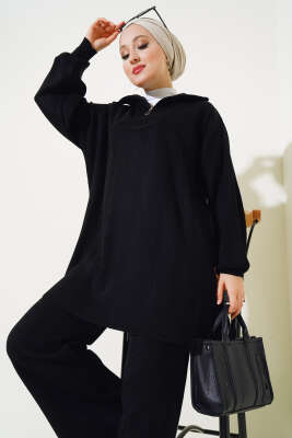 Fitilli Oversize Yarım Fermuarlı Triko İkili Takım Siyah - Triko İkili Takım