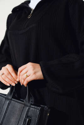 Fitilli Oversize Yarım Fermuarlı Triko İkili Takım Siyah - Triko İkili Takım