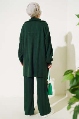 Fitilli Oversize Yarım Fermuarlı Triko İkili Takım Zümrüt - Triko İkili Takım