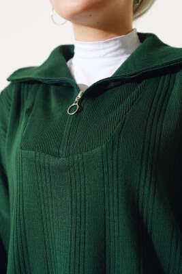 Fitilli Oversize Yarım Fermuarlı Triko İkili Takım Zümrüt - Triko İkili Takım