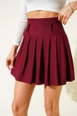 Fitilli Pileli Mini Etek Bordo - Kadın Giyim Modelleri