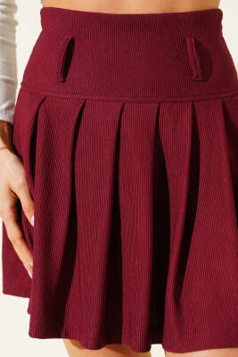 Fitilli Pileli Mini Etek Bordo - Kadın Giyim Modelleri