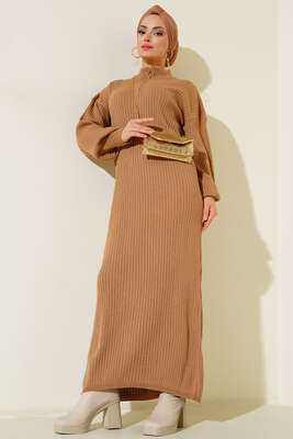 Fitilli Salaş Triko Elbise Camel 