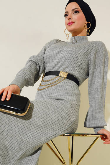 Fitilli Salaş Triko Elbise Gri - Tesettür Elbise
