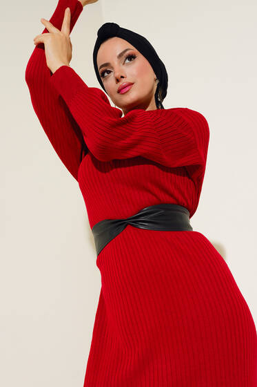 Fitilli Salaş Triko Elbise Kırmızı - Tesettür Elbise