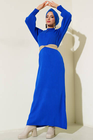 Fitilli Salaş Triko Elbise Saks - Tesettür Elbise