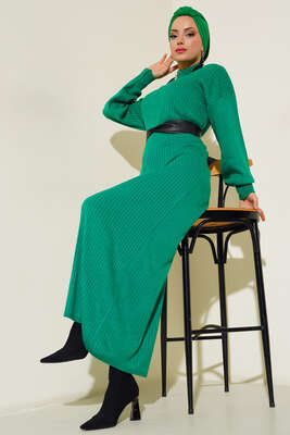 Fitilli Salaş Triko Elbise Yeşil - Thumbnail