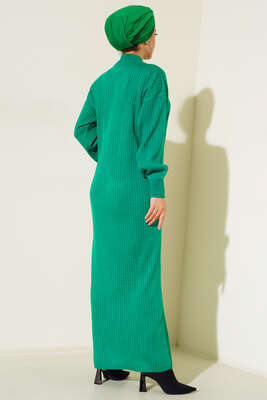 Fitilli Salaş Triko Elbise Yeşil - Thumbnail