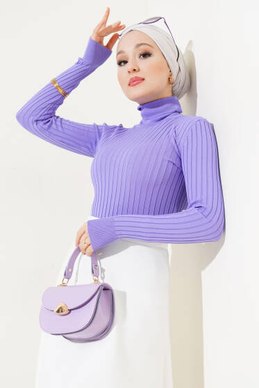 Fitilli Tam Balıkçı Yaka Triko Kazak Lila - Triko Kazak