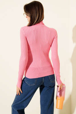 Fitilli Tam Balıkçı Yaka Triko Kazak Pembe - Kadın Giyim Modelleri